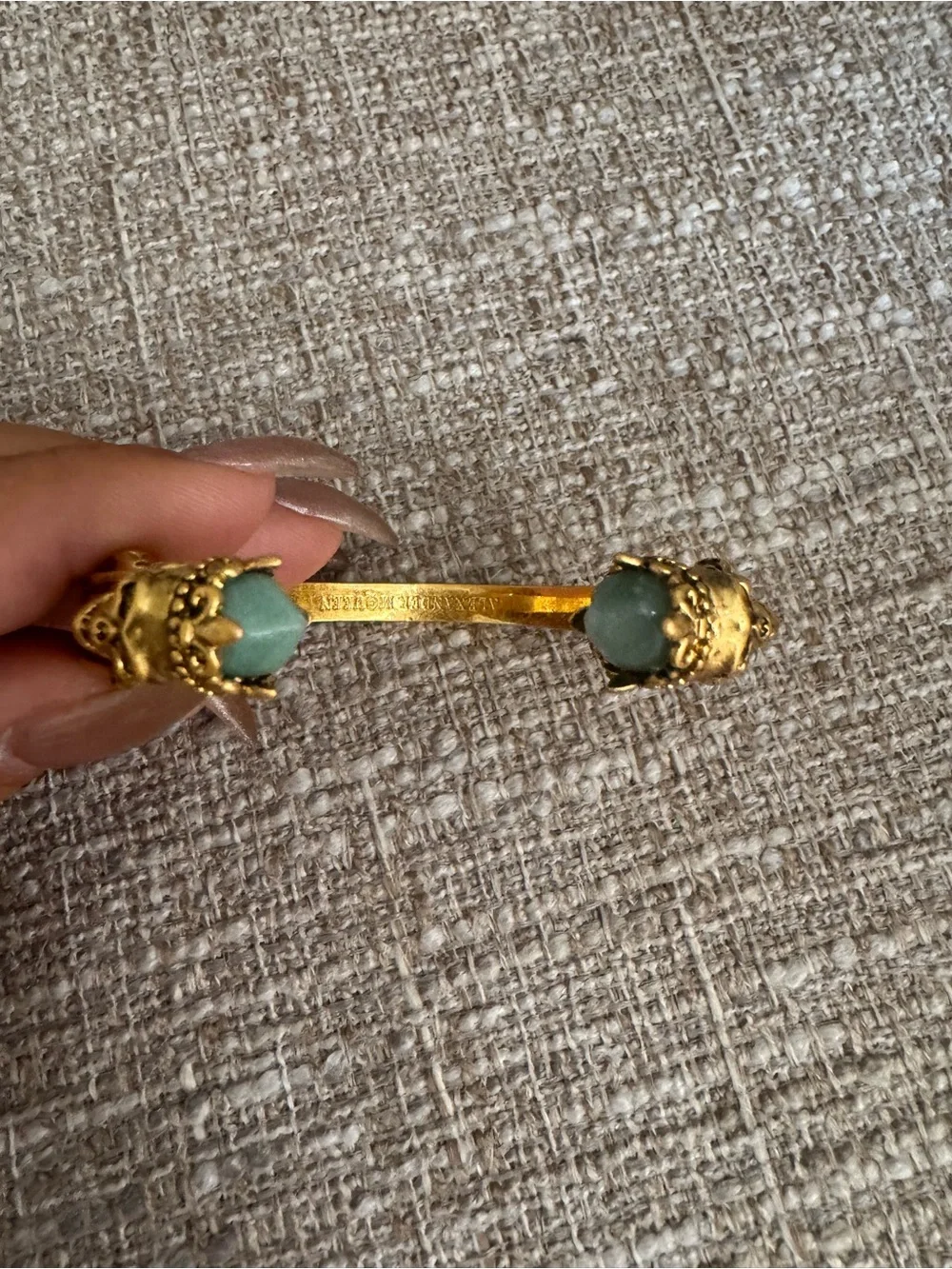 Authentic Alexander McQueen Gold Cuff with Sage-Green Stones